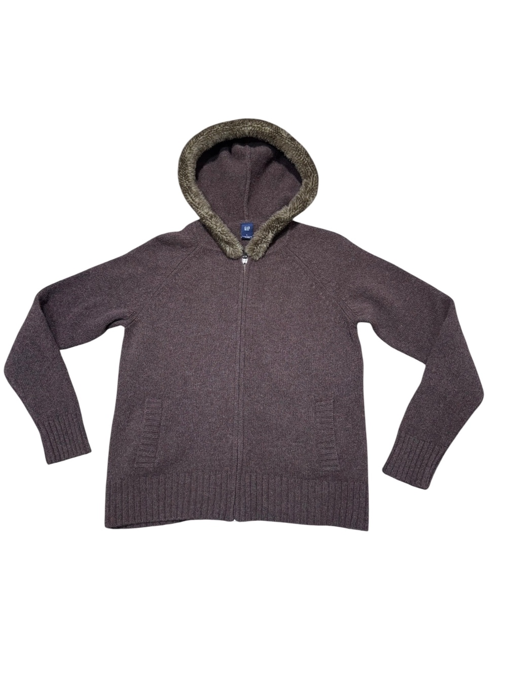 GAP Y2K Womens Sz L 100% Lambswool Hooded Cardigan Sweater Faux Fur Trim Brown